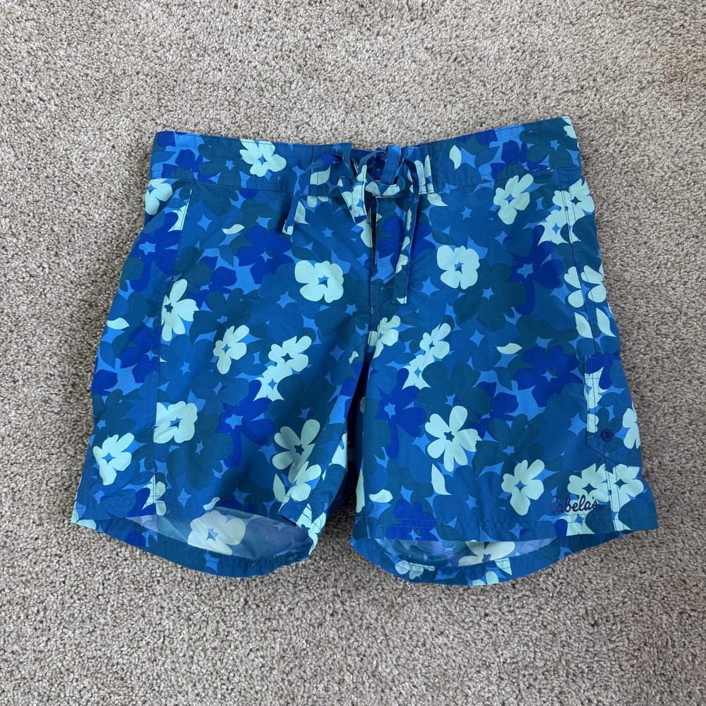 Cabela's Swim Shorts Mens Medium Blue Floral Mesh Lined Drawstring Trunks Beach